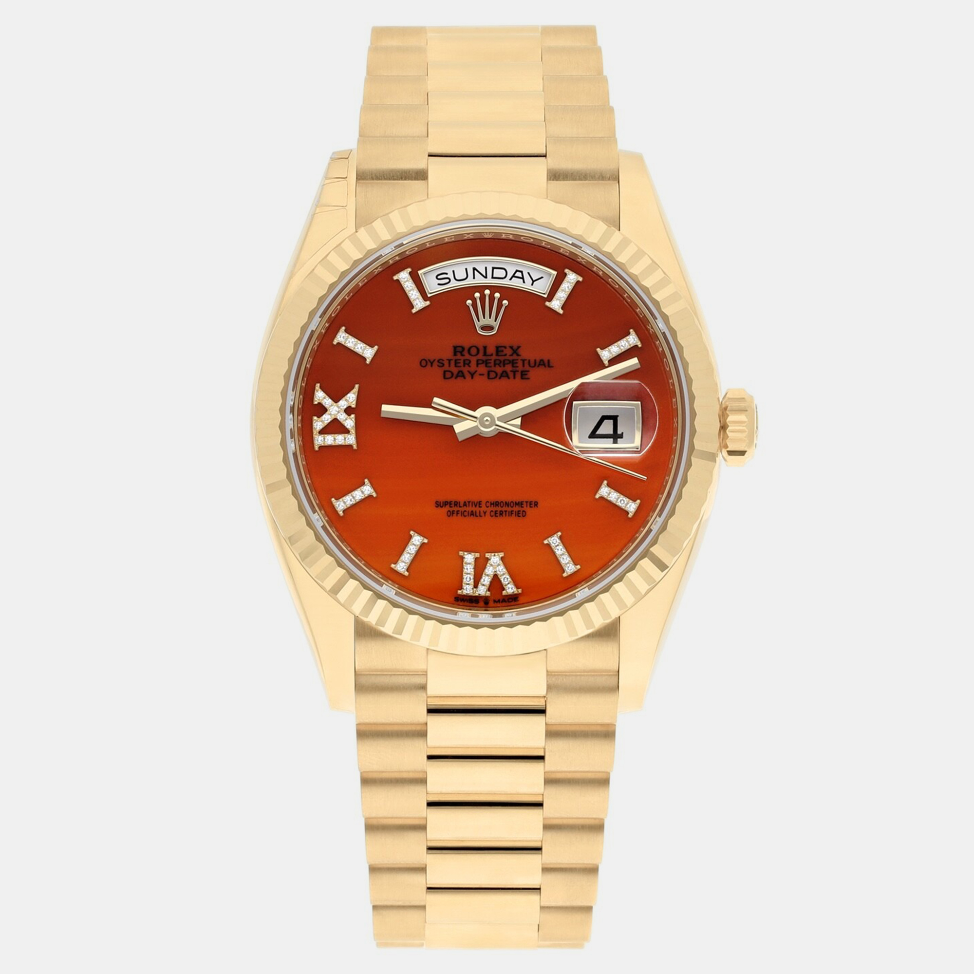 Pre-owned Rolex Day-date 128238 Automatic Orange 18k Yellow Gold Women's Wristwatch 36 Mm In Red