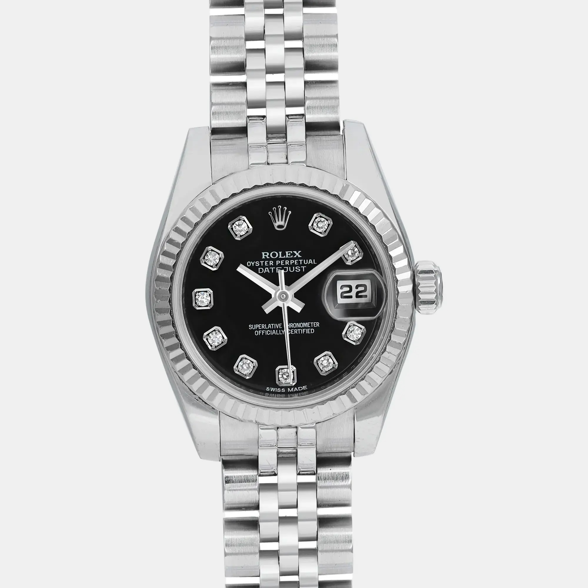 

Rolex Datejust 179174 Automatic Black Diamond Dial 18K White Gold Stainless Steel Women's Wristwatch 26 mm