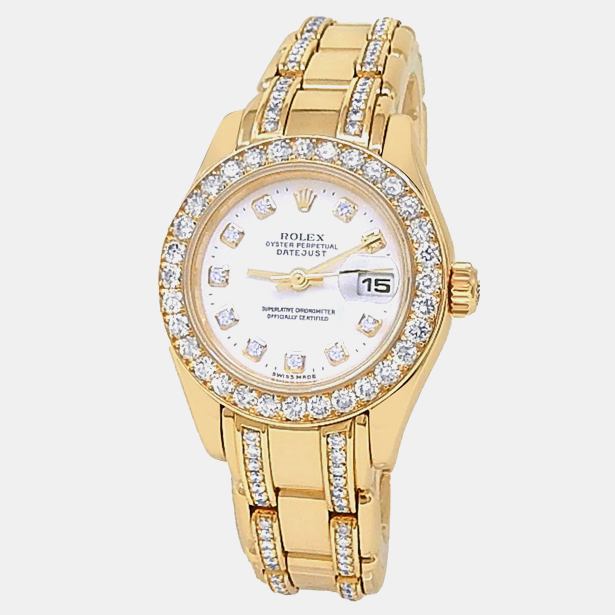 

Rolex Datejust Pearlmaster 80298 Automatic Diamonds White 18K Yellow Gold Women’s Wristwatch 29 mm