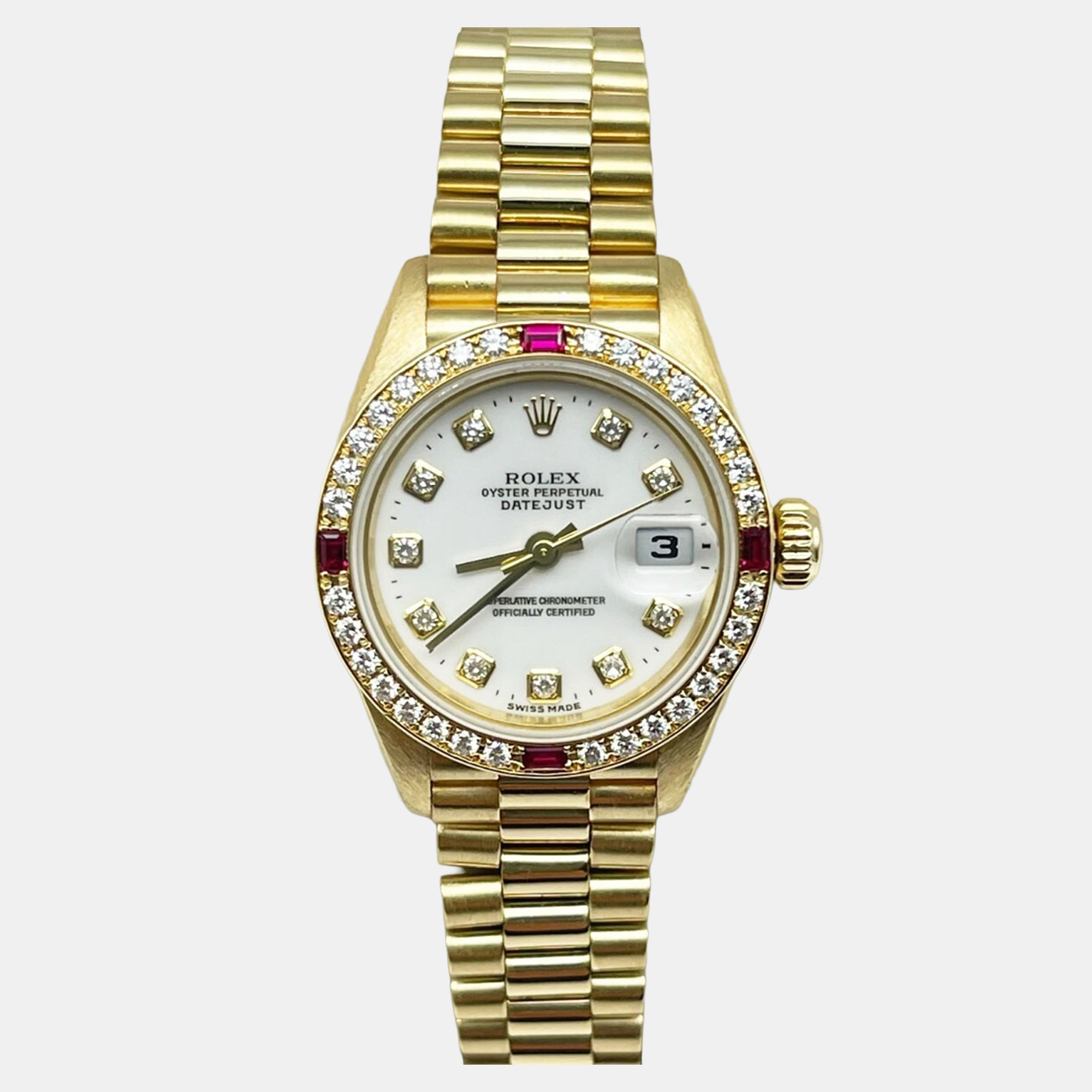 

Rolex President 79068 Automatic Diamond 18k Yellow Gold Women's Wristwatch 26 mm, White