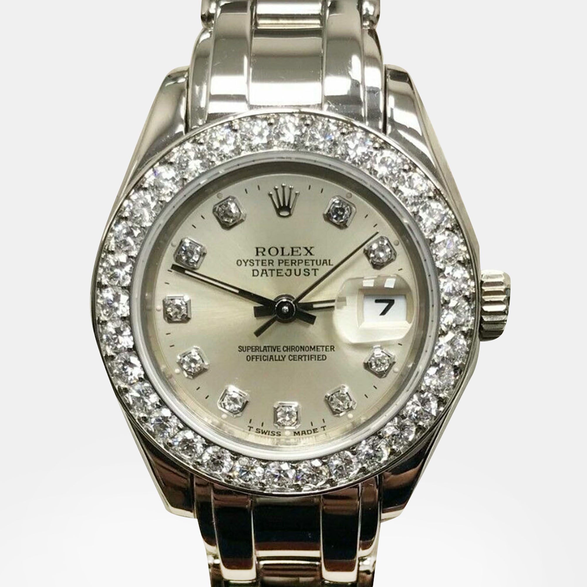 

Rolex Pearlmaster 69299 Automatic Diamond Dial 18K White Gold Women's Wristwatch 29 mm, Silver