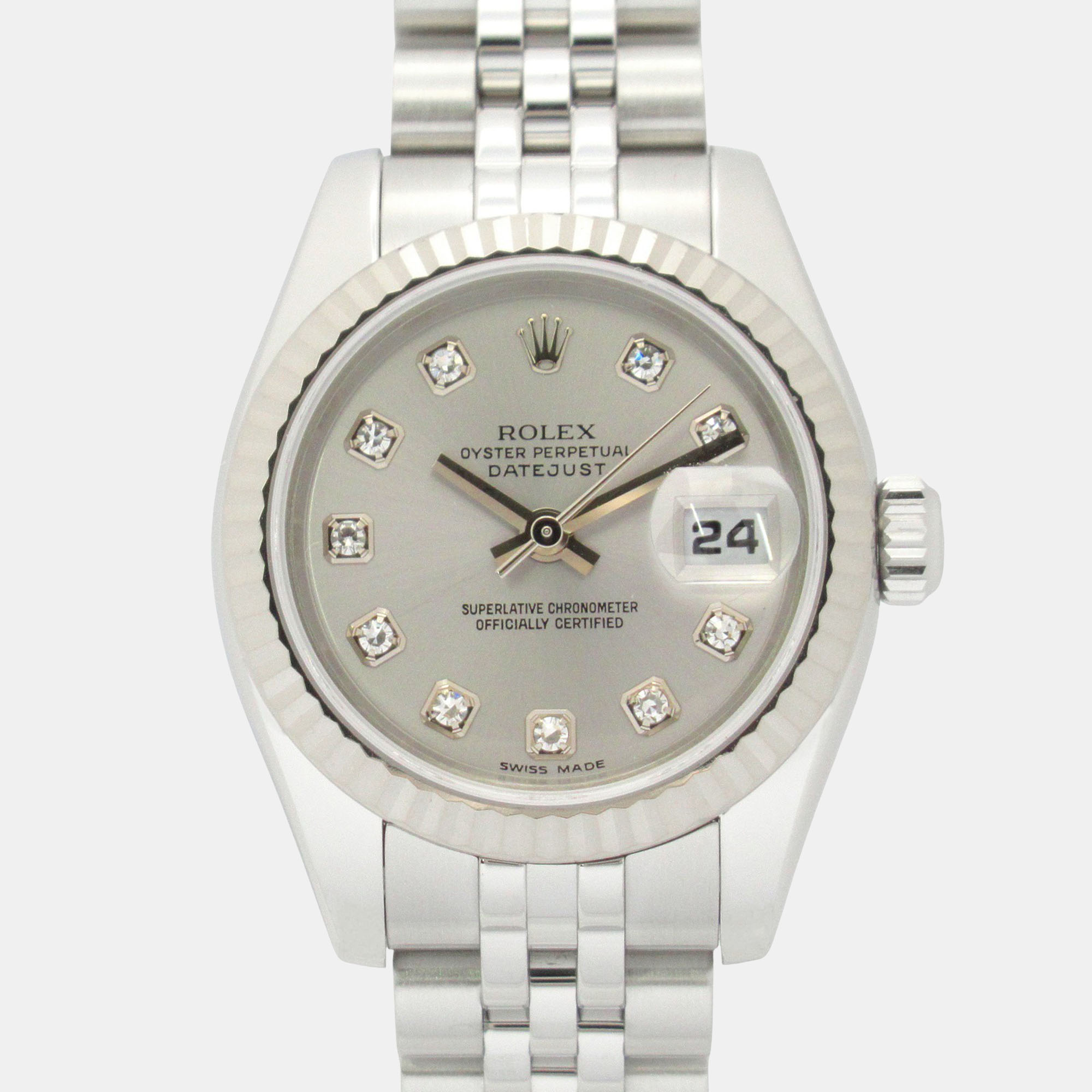 

Rolex Datejust 179174 Automatic Silver 18k White Gold Diamond Women's Wristwatch 26 mm