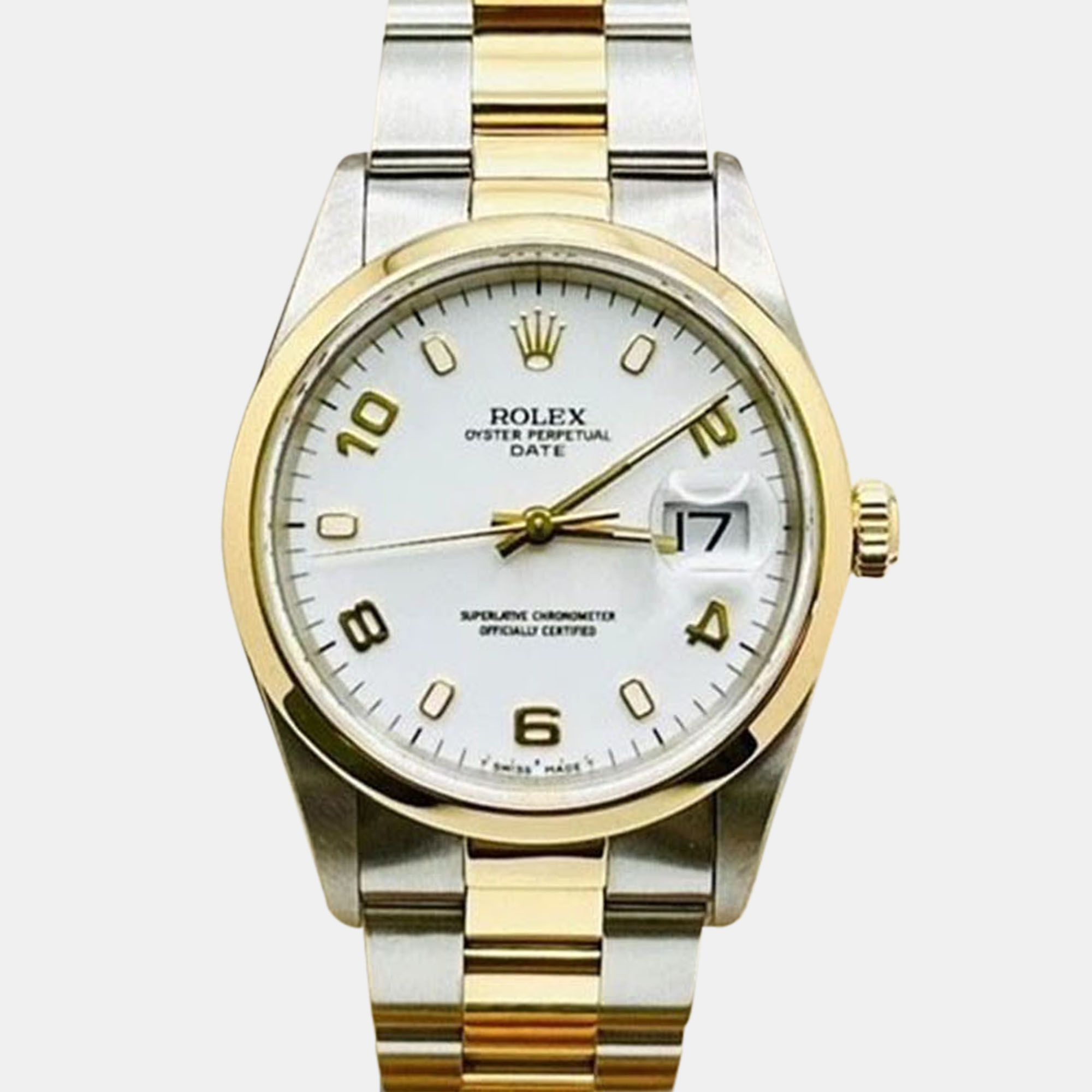 

Rolex Oyster Perpetual Date 15203 Automatic White Arabic Dial 18K Yellow Gold Stainless Steel Women's Wristwatch