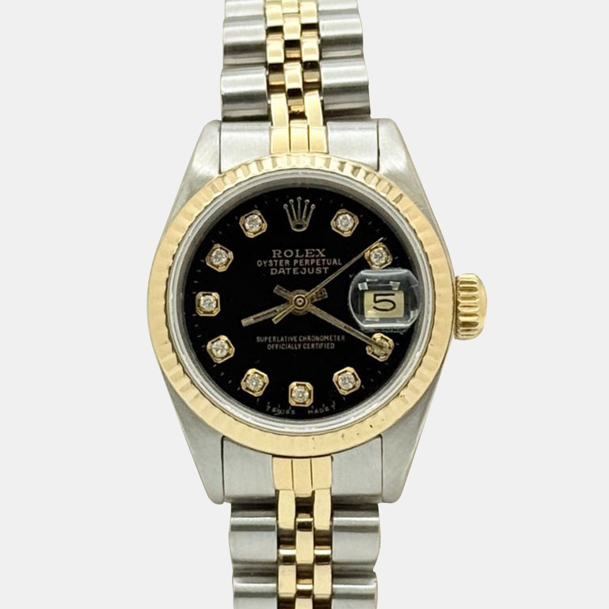 

Rolex Datejust 69173 Automatic Black Diamond Dial 18k Yellow Gold Stainless Steel Women's Wristwatch