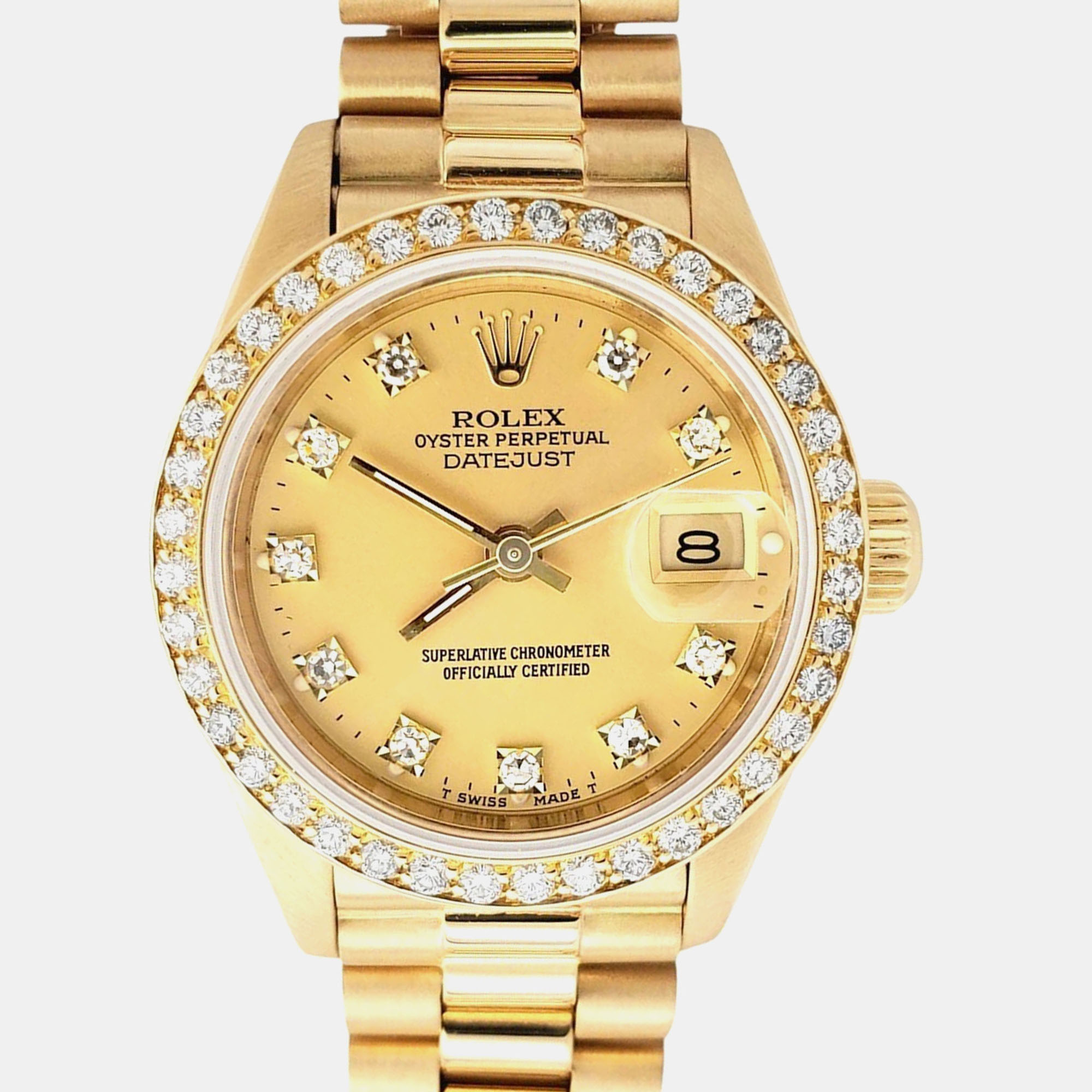 

Rolex President Datejust 69138 Automatic Champagne Diamond Dial & Bezel Yellow Gold Women's Wristwatch 26 mm
