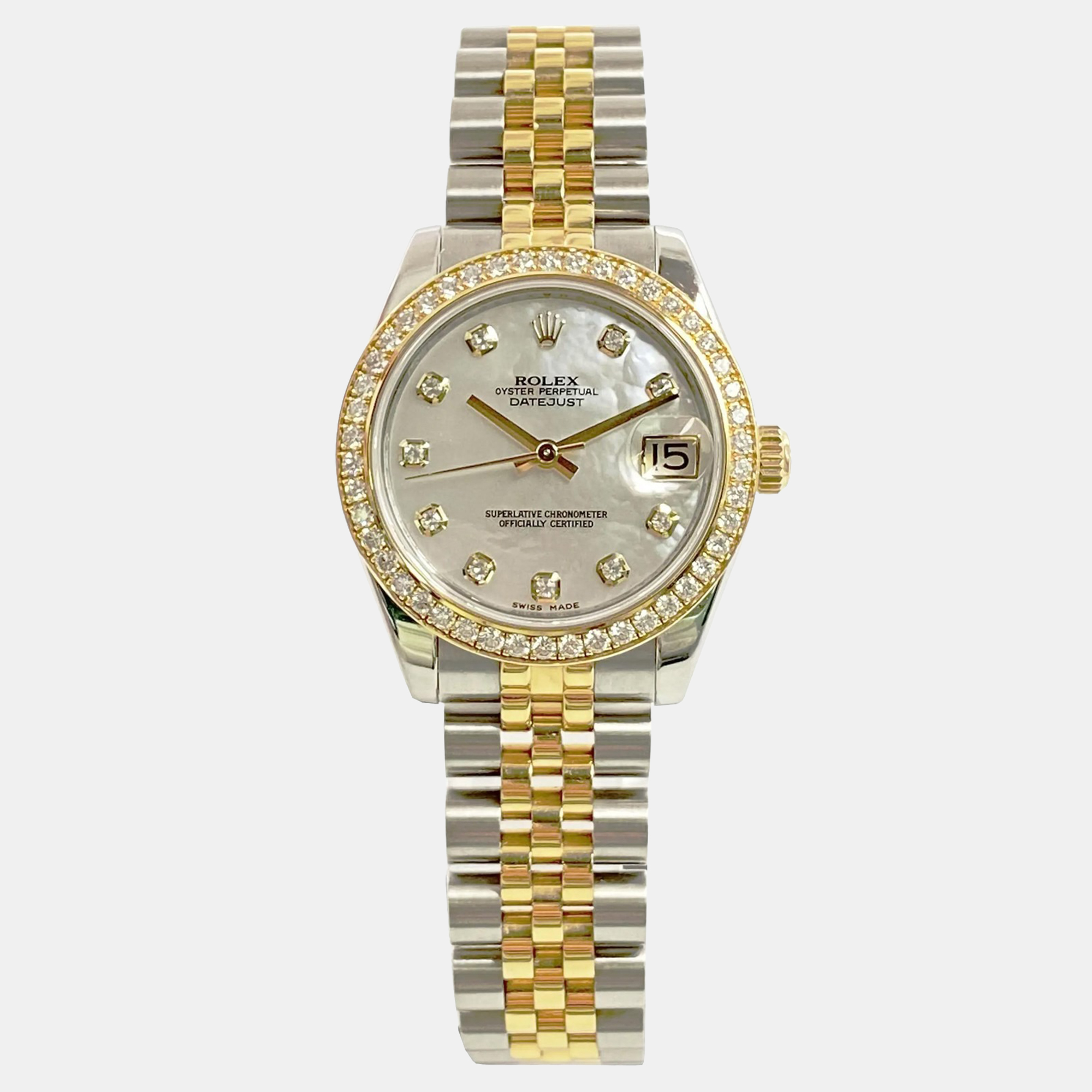 

Rolex Datejust 178383 Automatic Mother of Pearl Diamond Dial Stainless Steel 18k Yellow Gold Women's Wristwatch, Silver