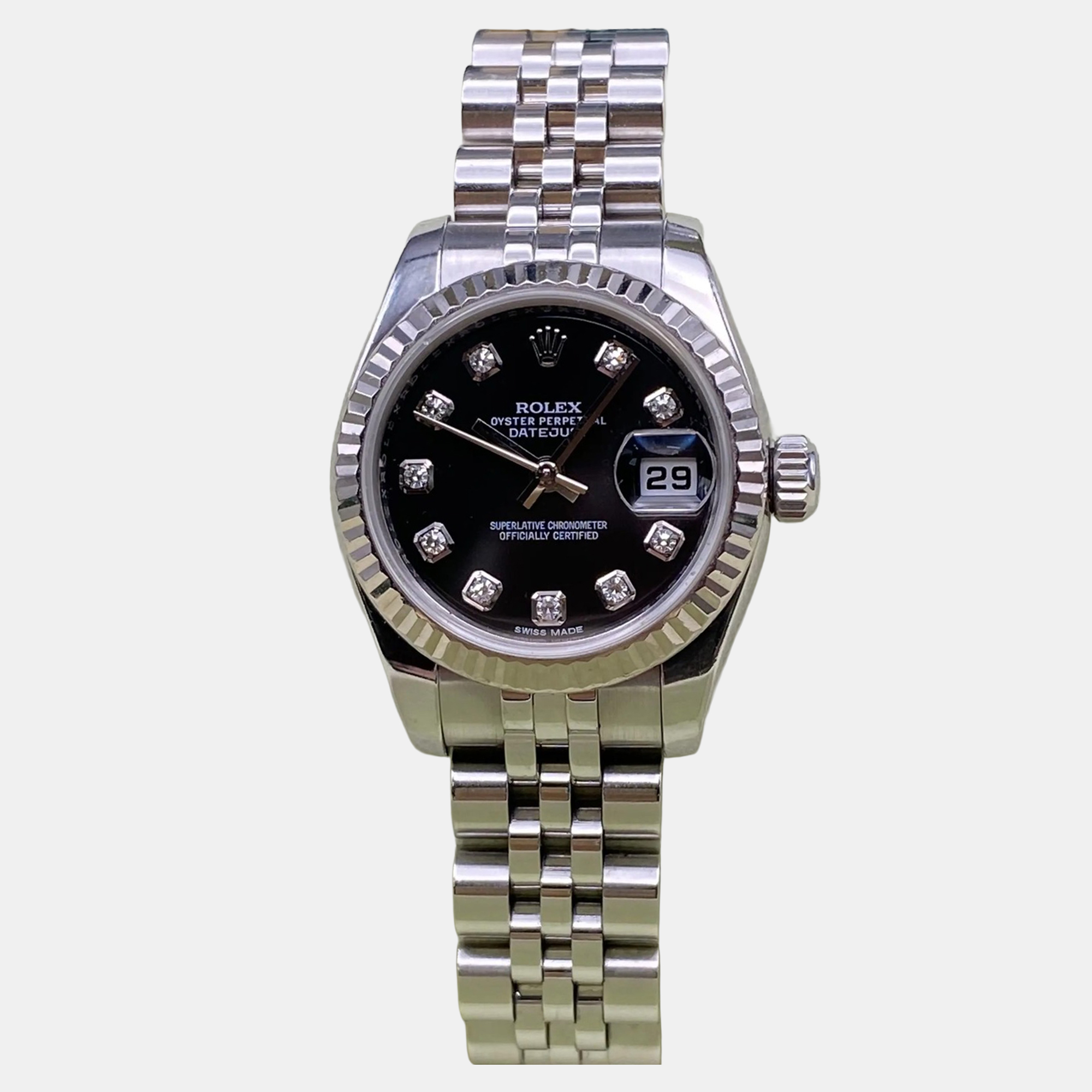

Rolex Datejust 179174 Automatic Black Diamond Dial Stainless Steel 18k White Gold Women's Wristwatch