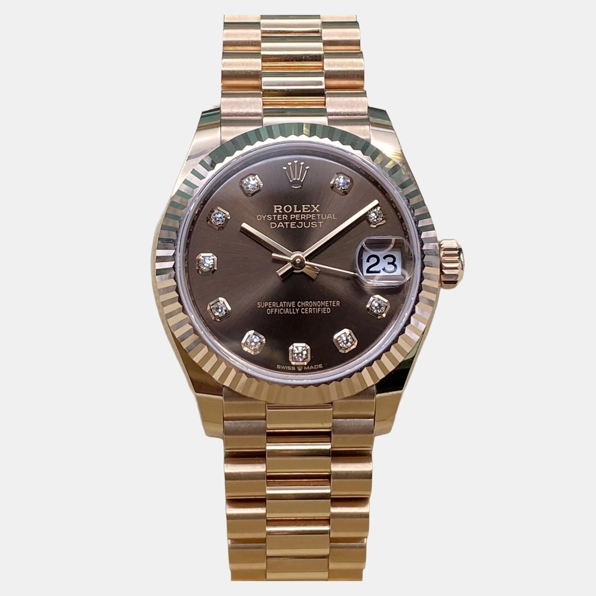 

Rolex Datejust 278275 Automatic Chocolate Diamond Dial 18K Rose Gold Women's Wristwatch 31 mm President Bracelet, Brown