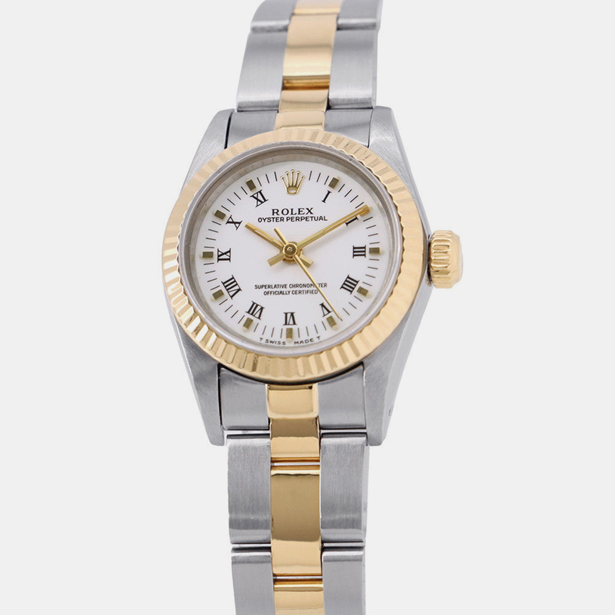 Rolex Oyster Perpetual 67193 Automatic White 18k Yellow Gold Stainless Steel Women’s Wristwatch 26 mm