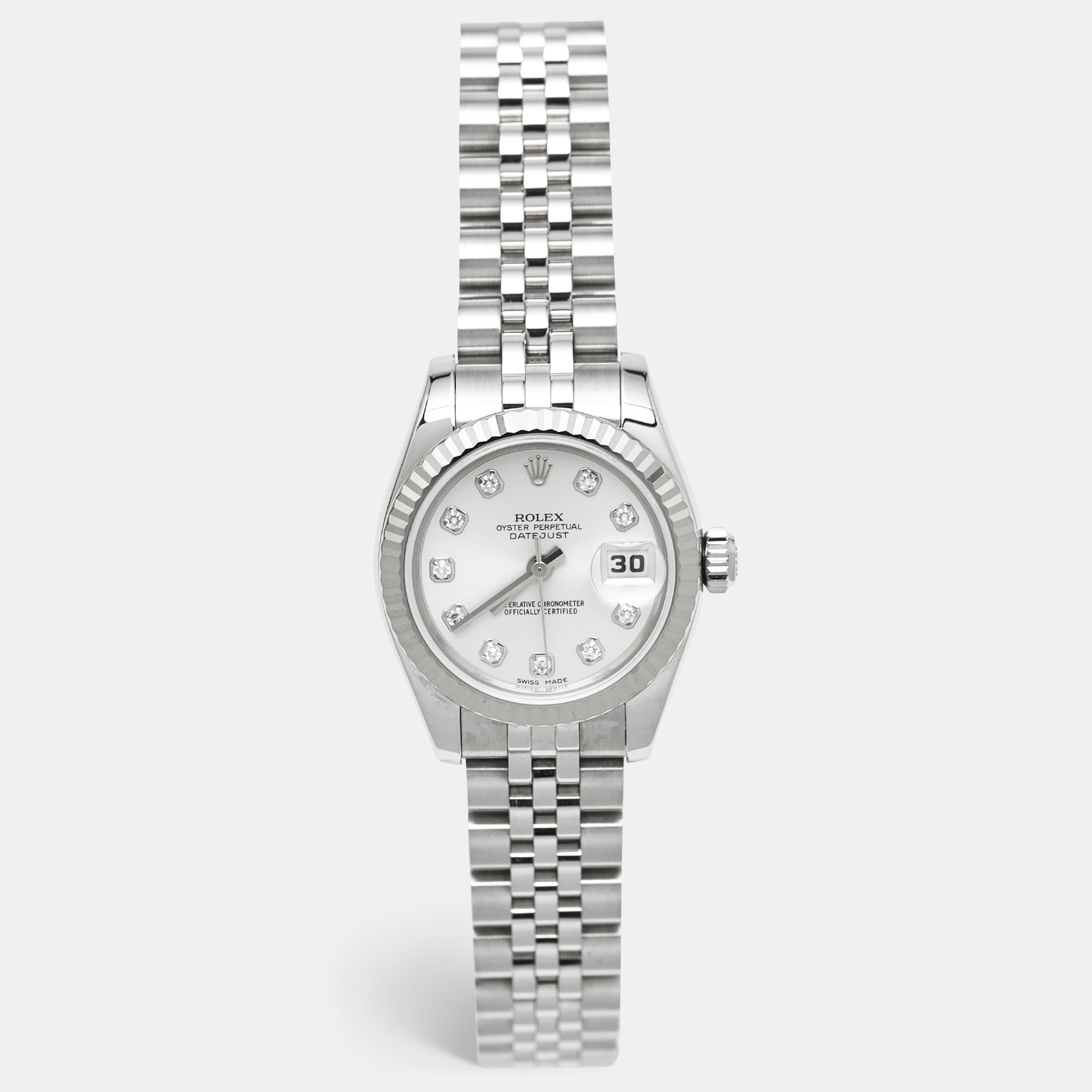 

Rolex Datejust 179174 Silver Dial Diamond 18K White Gold Stainless Steel Women's Wristwatch 26 mm