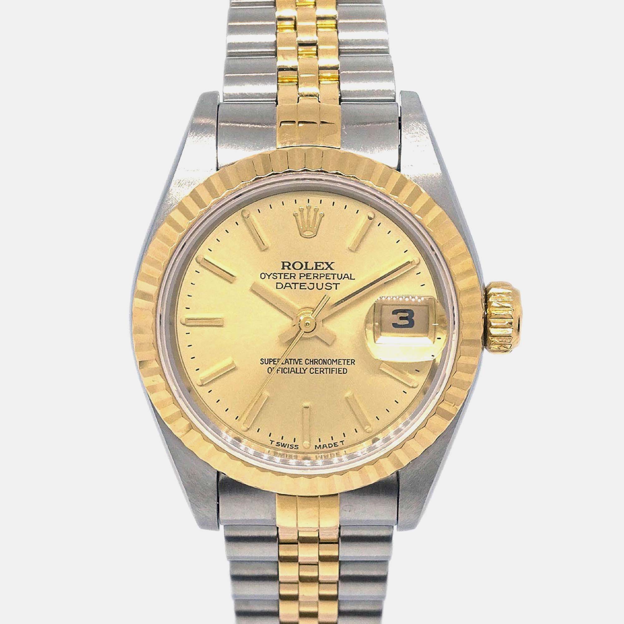 

Rolex Champagne 18k Yellow Gold Stainless Steel Datejust 69173 Automatic Women's Wristwatch 26 mm