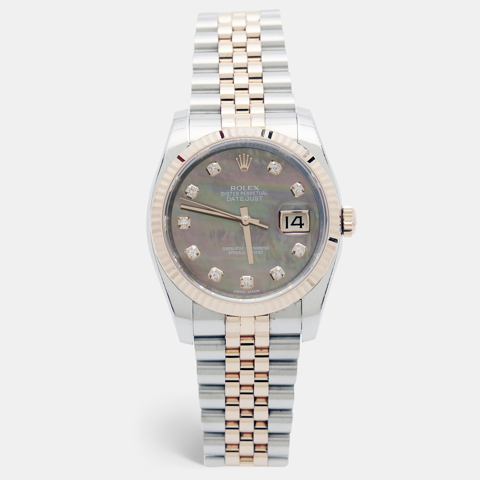 

Rolex Datejust 116231 Brown Mother Of Pearl Dial Diamond 18K Everose Gold Stainless Steel Women's Wristwatch 36 mm, Silver
