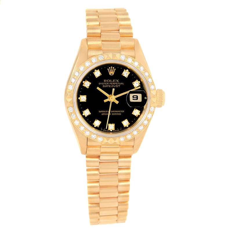 Pre Owned Rolex Black 18K Yellow Gold Diamond President Datejust Women's Wristwatch 26MM