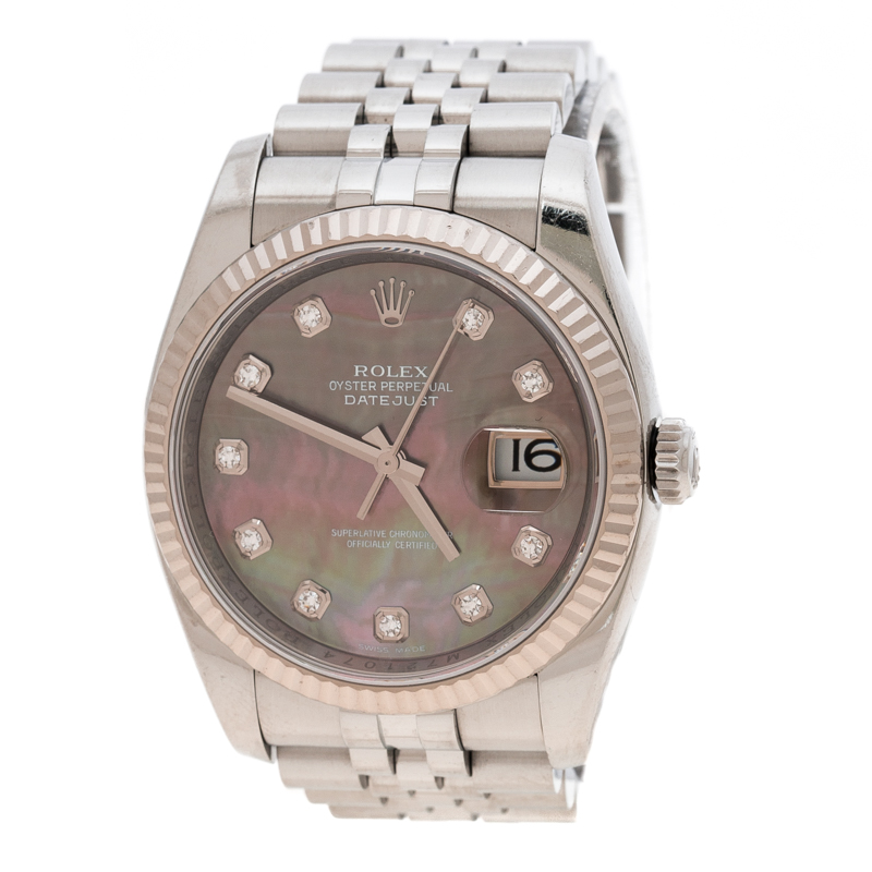 مملوكة مسبقًا Rolex Dark Mother of Pearl 18K White Gold and Stainless Steel Diamonds Datejust 116234 Women's Wristwatch 36 mm