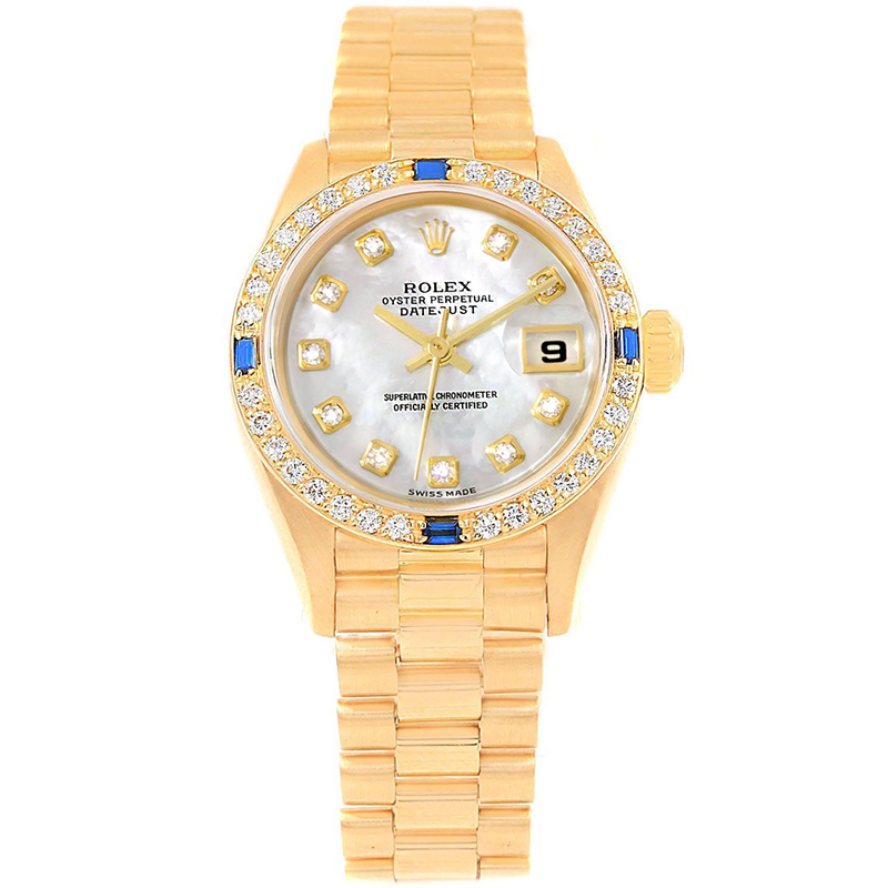 Pre-owned Rolex Mop 18k Yellow Gold Diamond And Sapphire President Datejust Women's Wristwatch 26mm In Silver