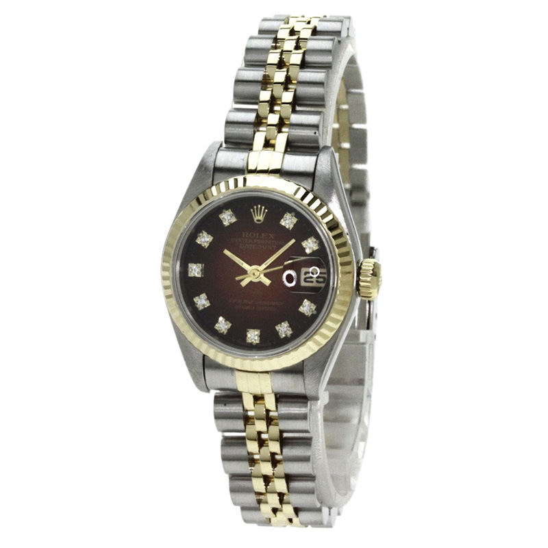 Pre Owned Rolex Champagne Red 18K Yellow Gold and Stainless Steel Datejust 69173 Women's Wristwatch 26 MM