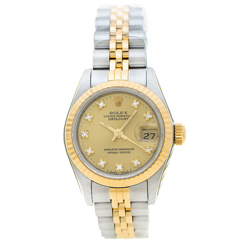 مملوكة مسبقًا Rolex Gold Stainless Steel 18K Yellow Gold Diamond Datejust 69173 Women's Wristwatch 26 mm