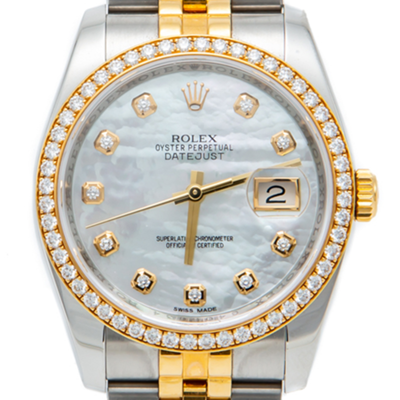 

Rolex White Mop Diamond Dial & Bezel Datejust Steel & Yellow Gold Watch