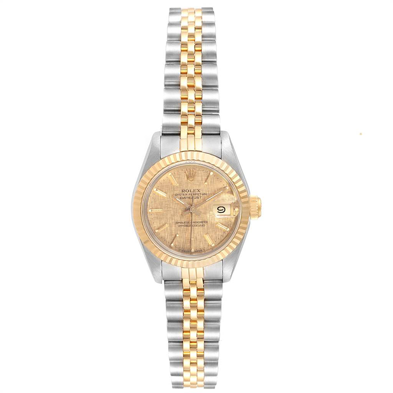 Rolex Gold Linen 18K Yellow Gold Stainless Steel Datejust 69173 Women's Wristwatch 26 MM