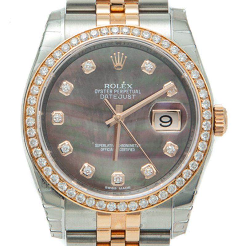 

Rolex Black Mop Datejust Steel & Rose Gold Diamond Dial & Bezel Watch