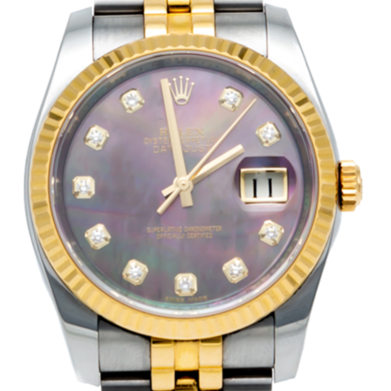 

Rolex Black Mother Of Pearl Datejust Steel & Yellow Gold Diamond Dial Watch