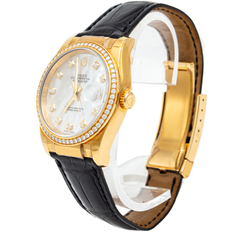 

Rolex White Mother Of Pearl Datejust Yellow Gold Diamond Dial & Bezel Watch