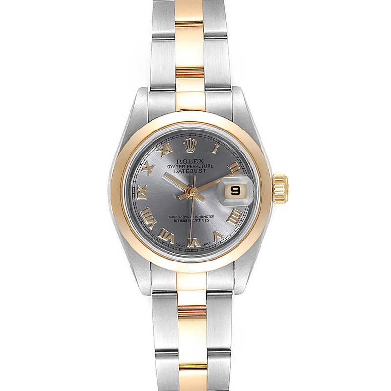 Pre-owned Rolex Slate 18k Yellow Gold And Stainless Steel Datejust 69163 Women's Wristwatch 26mm In Silver