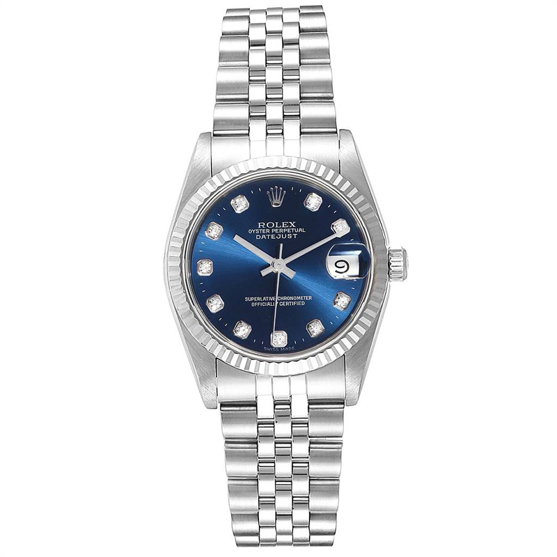 Pre-owned Rolex Blue Diamonds 18k White Gold And Stainless Steel Datejust 68274 Women's Wristwatch 31 Mm