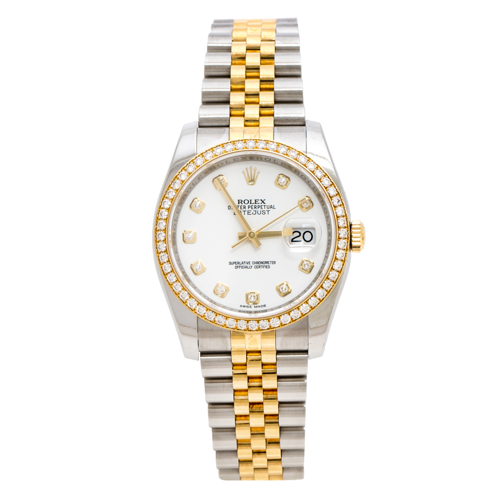 Rolex White 18K Yellow Gold Stainless Steel Diamond Datejust 116243 Men's Wristwatch 36 mm