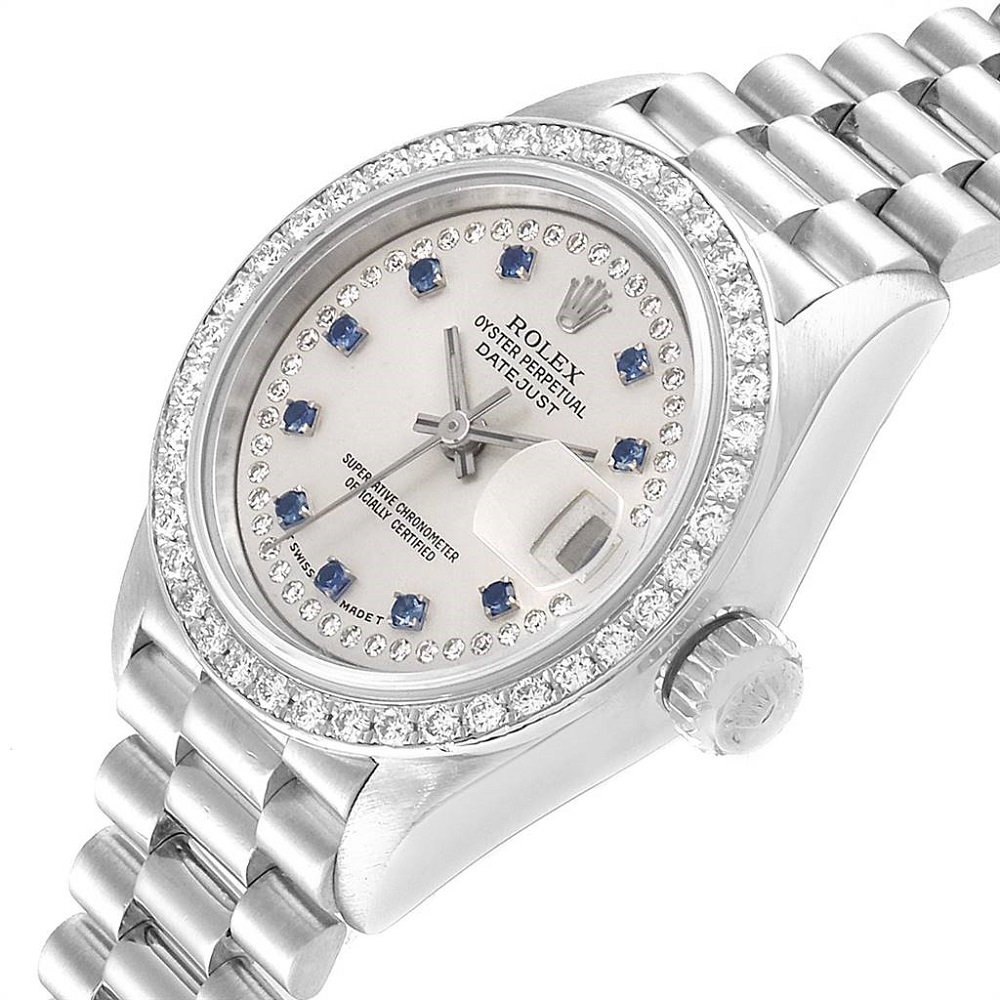 

Rolex Silver Diamonds And Sapphire Platinum President