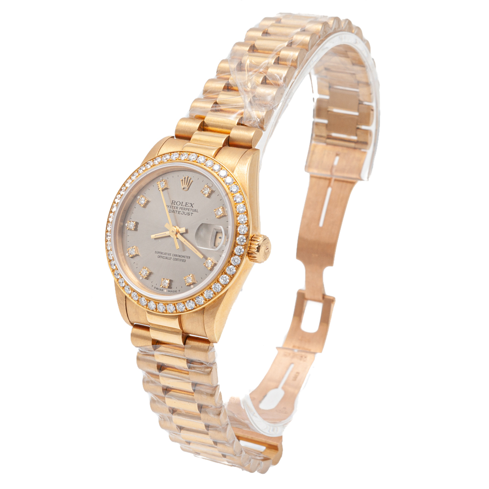 

Rolex Grey Dial Datejust Yellow Gold Diamond Dial & Bezel Women'S Watch