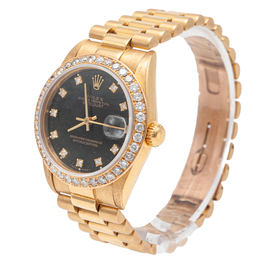 

Rolex Black Dial Datejust Yellow Gold Diamond Dial & Bezel Women'S Watch
