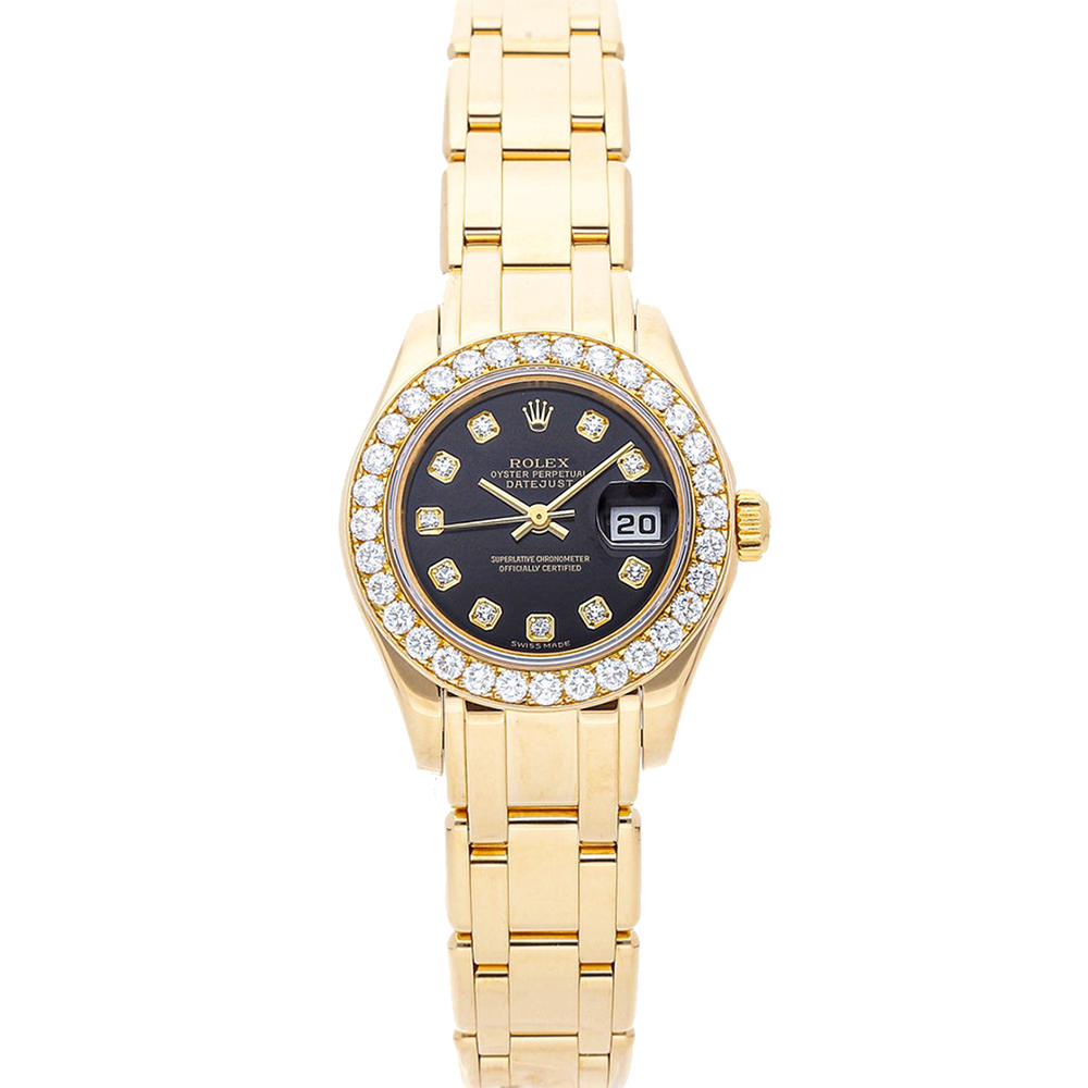 Pre Owned Rolex Black Diamonds 18K Yellow Gold Datejust 80298 Women's Wristwatch 29 MM