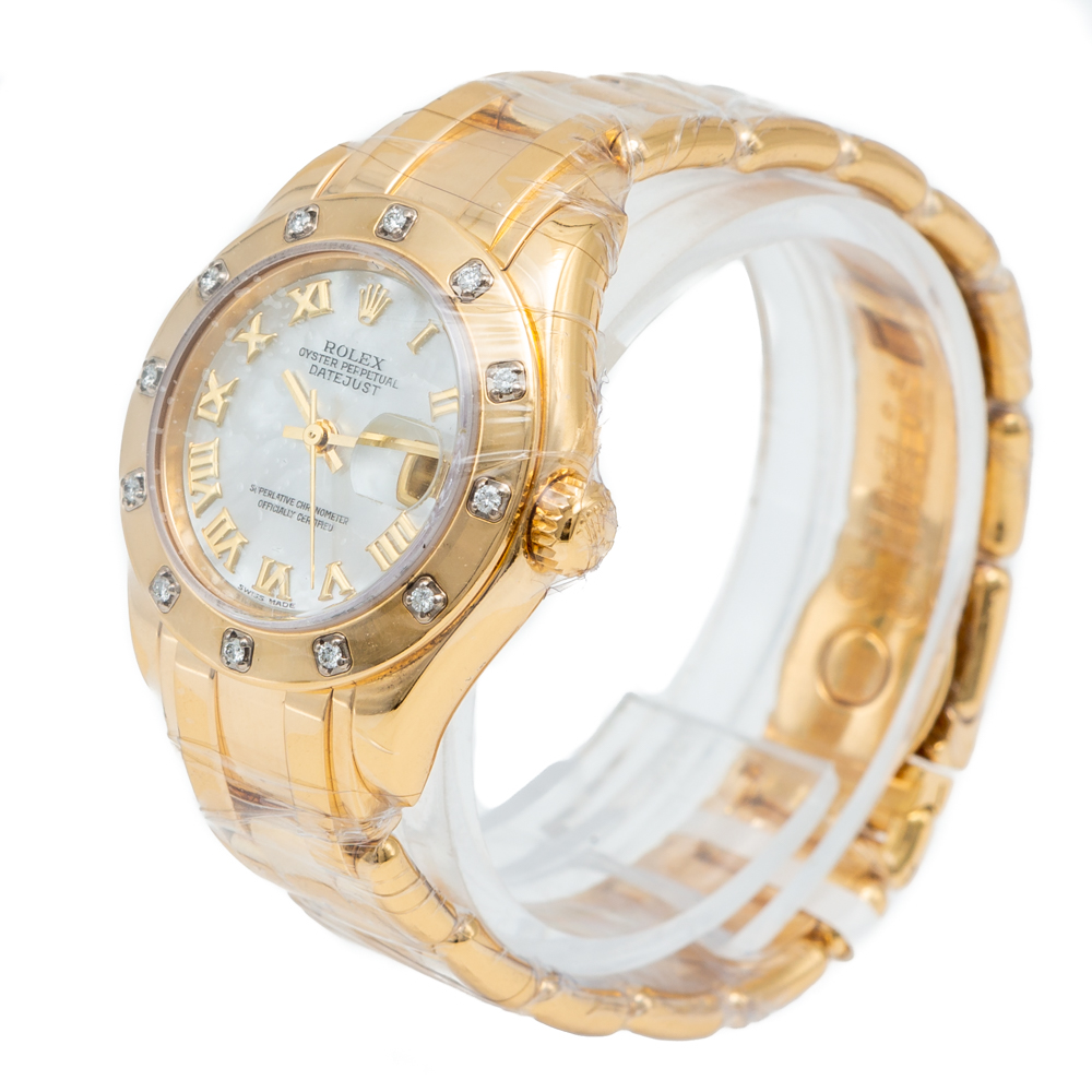 

Rolex White Mother Of Pearl Yellow Gold Pearl-Master Diamond Bezel Women's Wristwatch