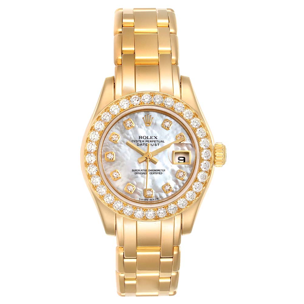 Click to view more detailed imagery on our partner's website Pre-owned Rolex Mop Diamonds 18k Yellow Gold Pearlmaster 80298 Women's Wristwatch 29 Mm In White