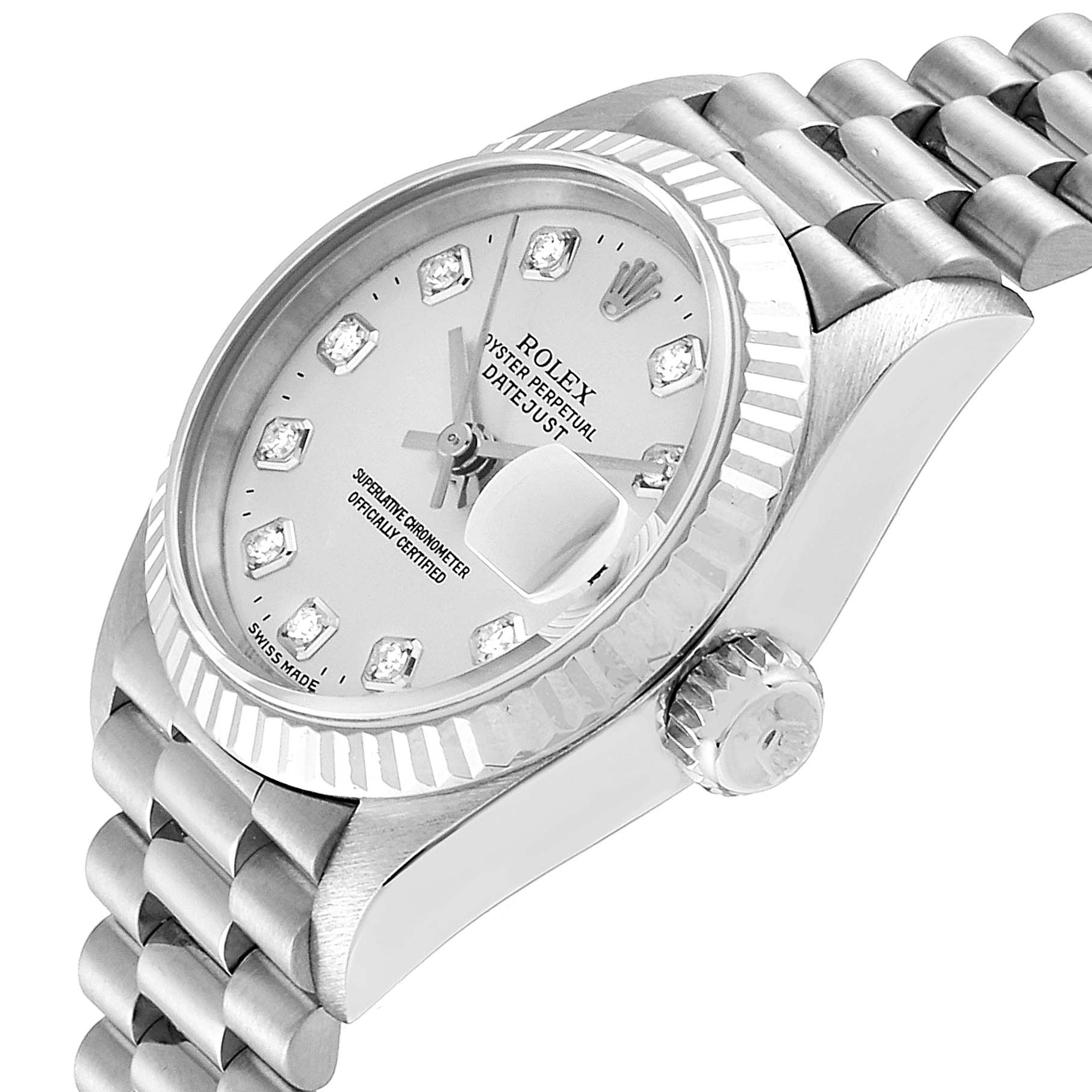 

Rolex Silver Diamonds 18K White Gold President Datejust 69179 Women's Wristwatch 26 MM