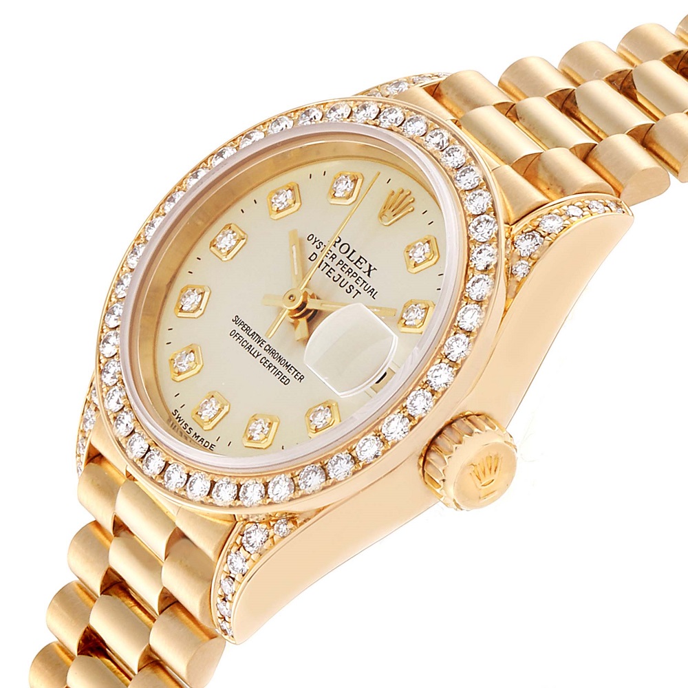 

Rolex Champagne Diamonds 18K Yellow Gold President Datejust 69238 Women's Wristwatch 26 MM, Silver