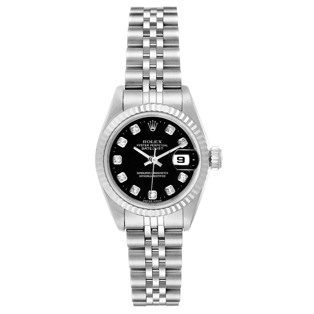 ROLEX BLACK DIAMONDS 18K WHITE GOLD AND STAINLESS STEEL DATEJUST AUTOMATIC 69174 WOMEN'S WRISTWATCH 26 MM