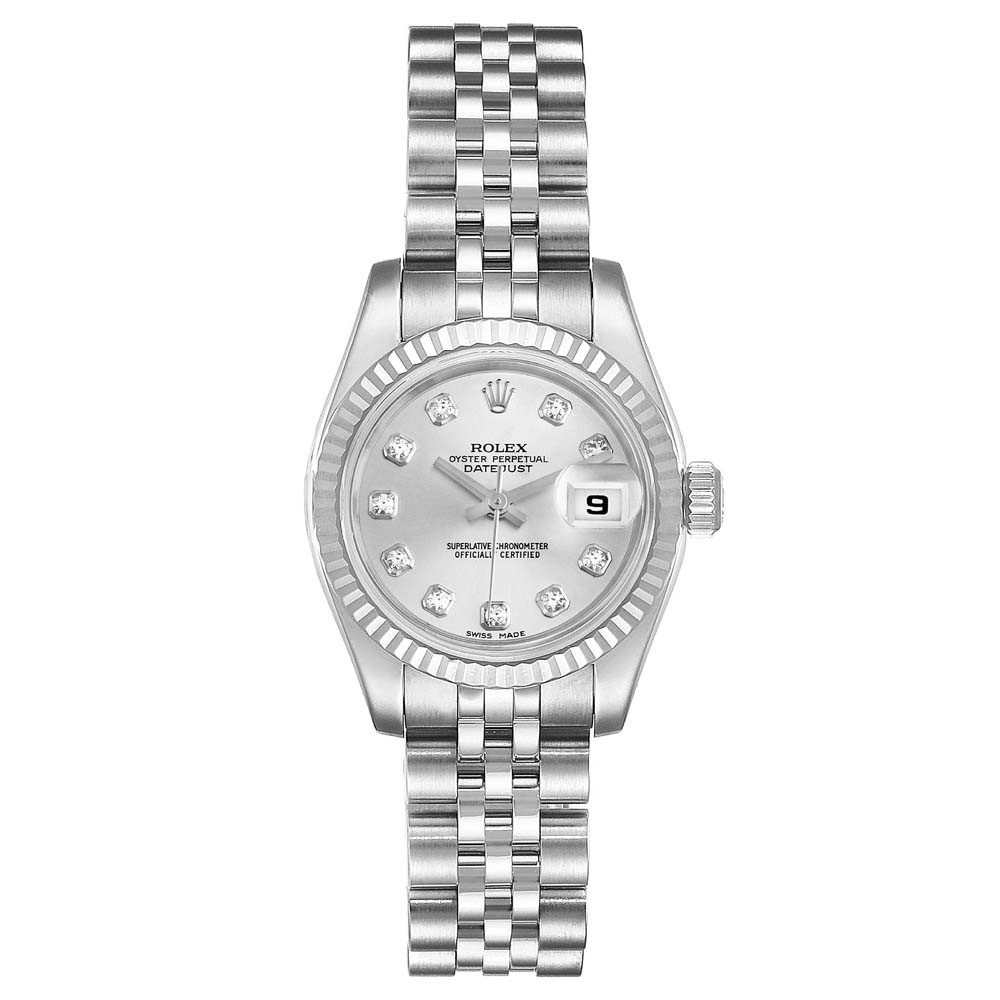 ROLEX SILVER DIAMONDS 18K WHITE GOLD AND STAINLESS STEEL DATEJUST 179174 WOMEN'S WRISTWATCH 26 MM