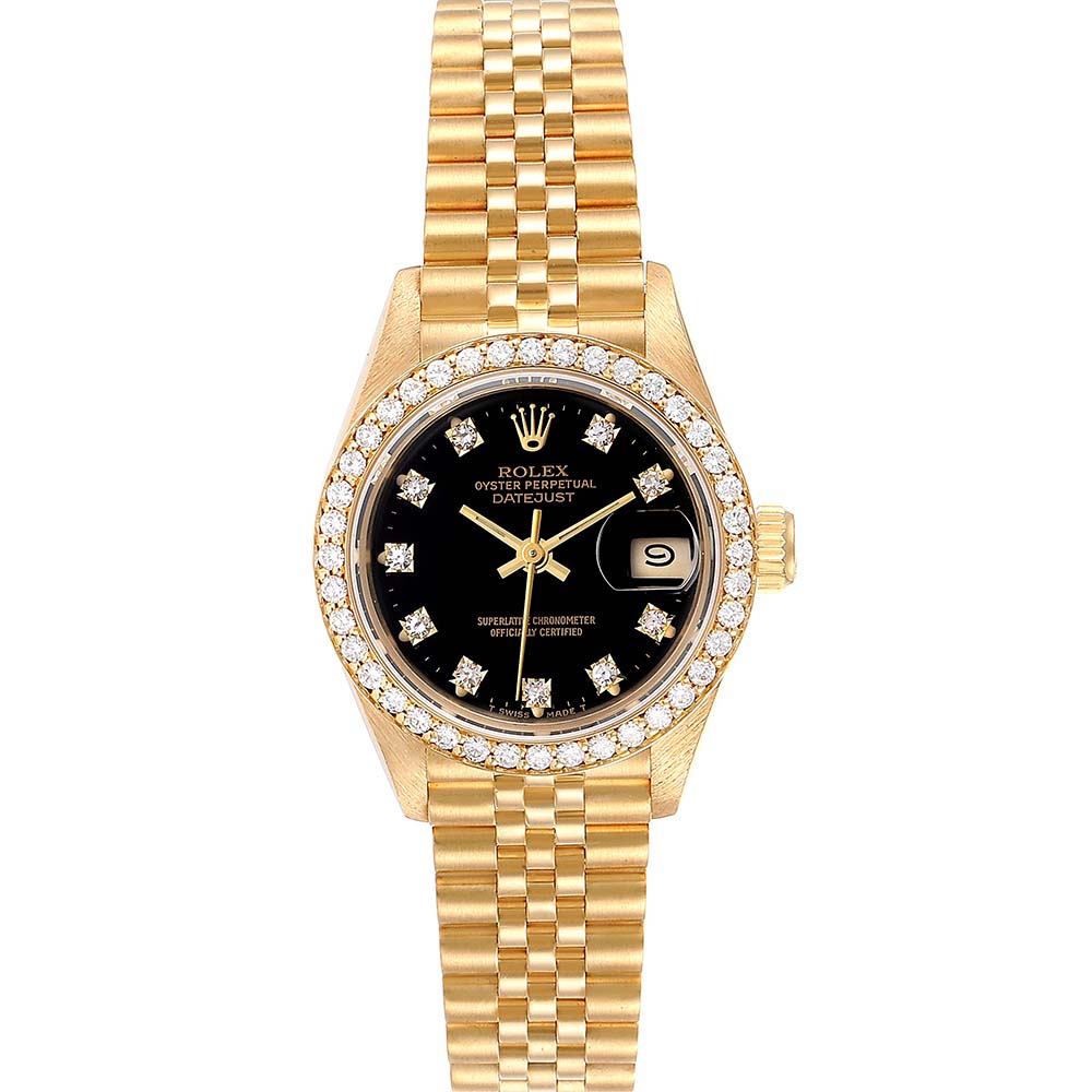 ROLEX BLACK DIAMONDS 18K YELLOW GOLD PRESIDENT DATEJUST 69138 WOMEN'S WRISTWATCH 26 MM