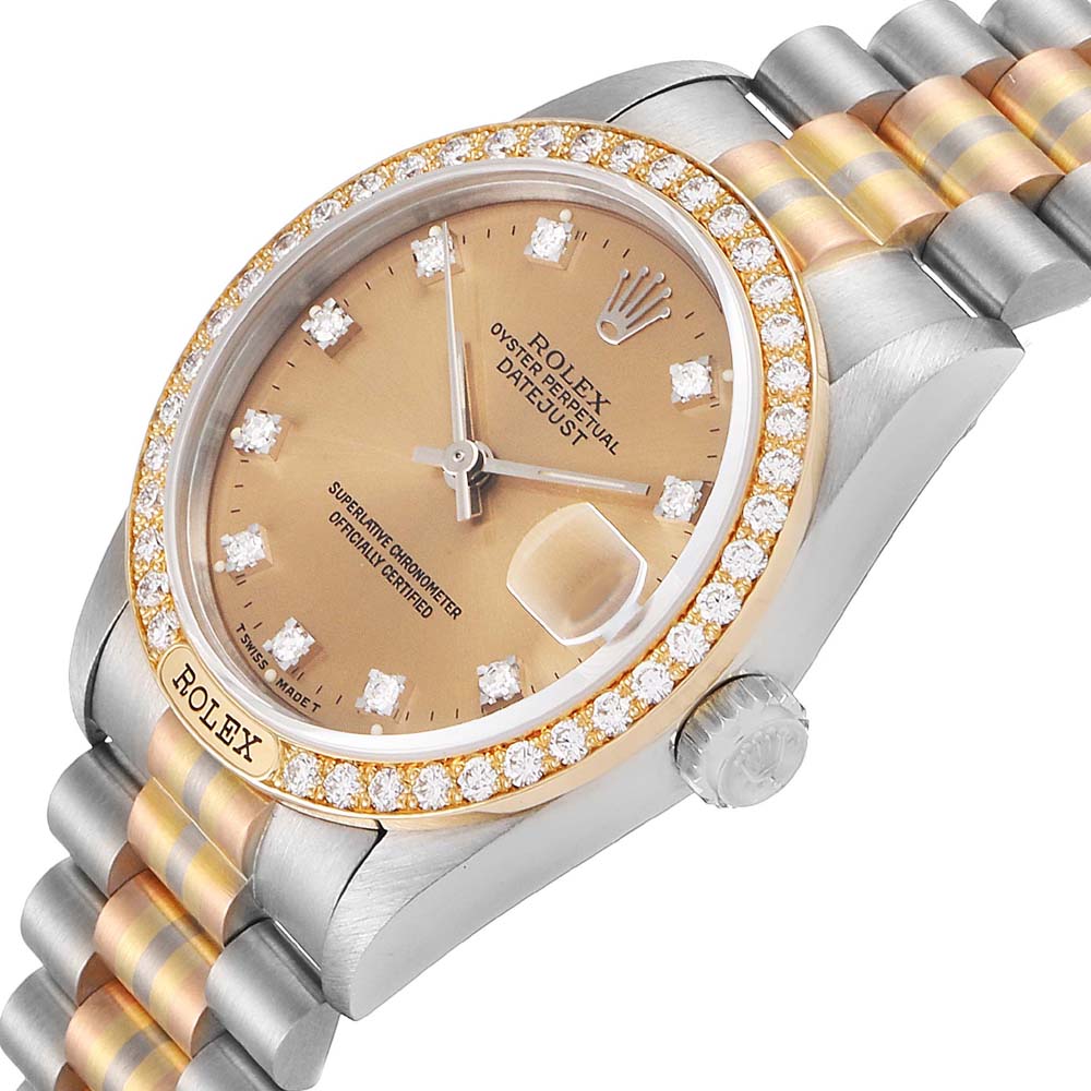 

Rolex Champagne Diamonds 18K White Yellow Rose Gold President Tridor 68149 Women's Wristwatch 31 MM