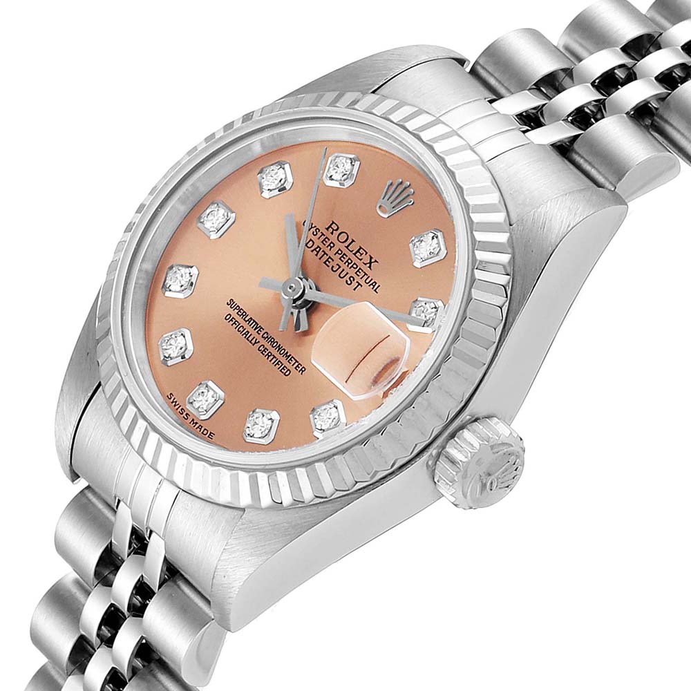 

Rolex Salmon Diamonds 18K White Gold And Stainless Steel Datejust 79174 Women's Wristwatch 26 MM, Pink