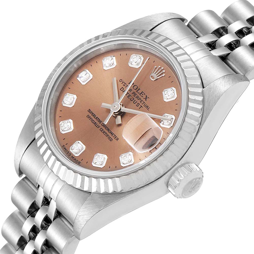 

Rolex Salmon Diamonds 18K White Gold And Stainless Steel Datejust 69174 Automatic Women's Wristwatch 26 MM, Pink