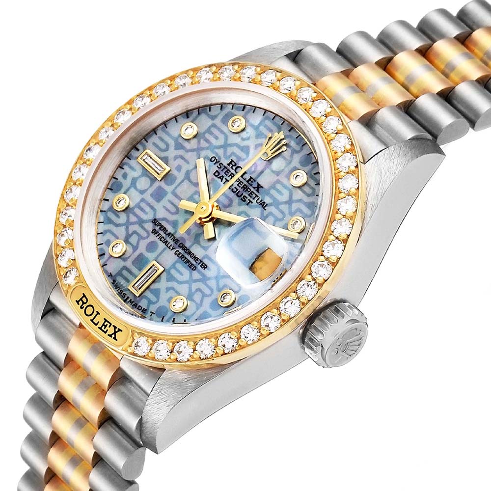 

Rolex Blue MOP Diamonds 18K White Yellow Rose Gold President Tridor 69149 Women's Wristwatch 26 MM