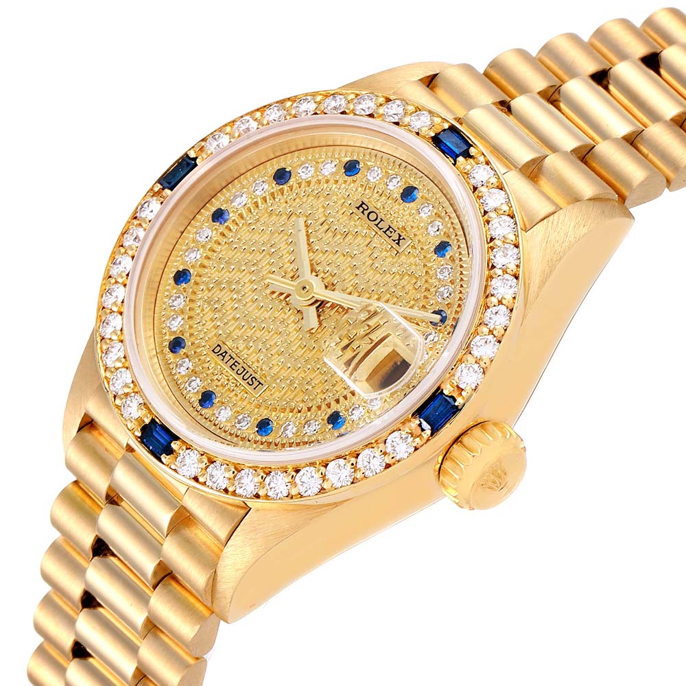 

Rolex Champagne Diamonds And Sapphire 18K Yellow Gold President Datejust 69088 Women's Wristwatch 26 MM
