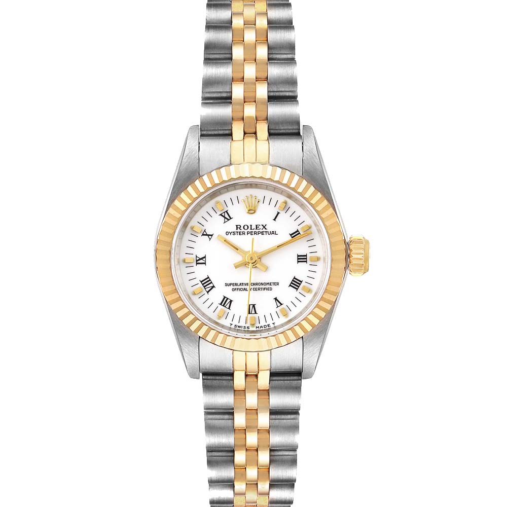 Pre Owned Rolex White 18k Yellow Gold And Stainless Steel Oyster Perpetual Women S Wristwatch 24 Mm Modesens