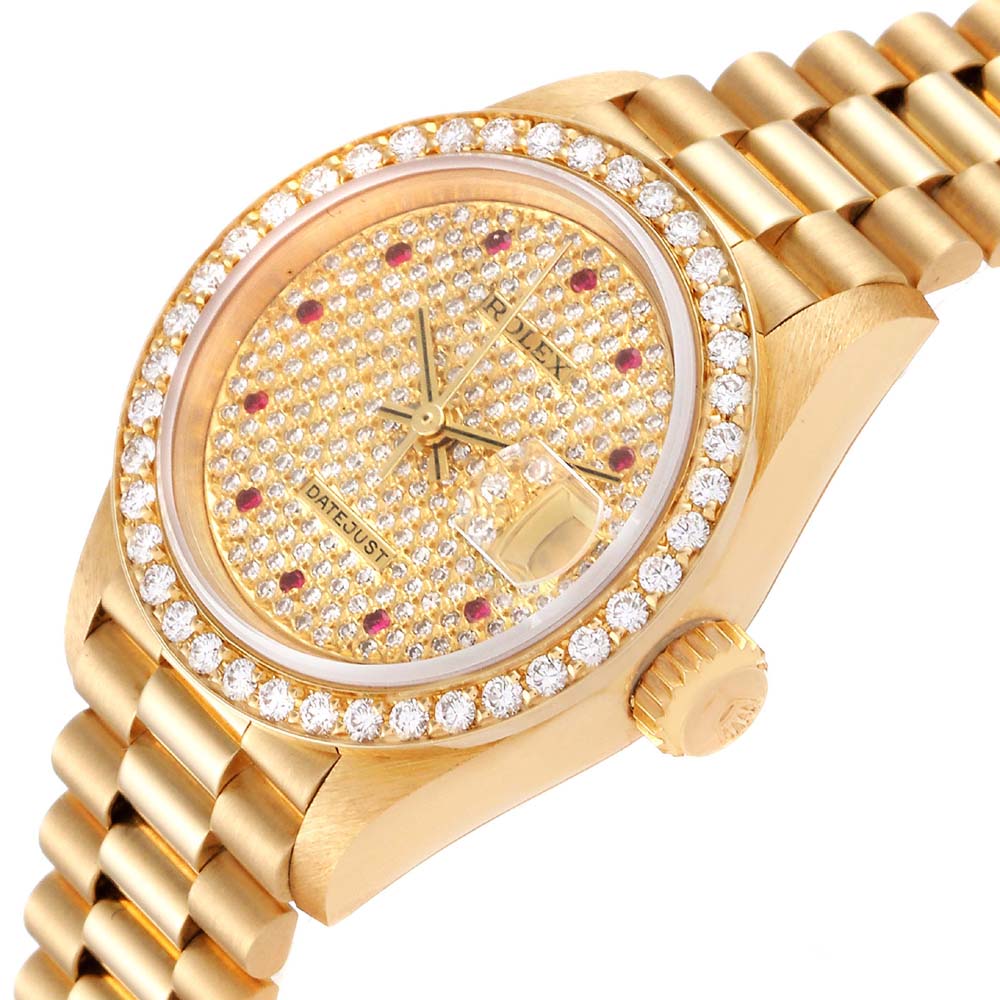 

Rolex Champagne Diamonds And Rubies 18K Yellow Gold President Datejust 69138 Women's Wristwatch 26 MM