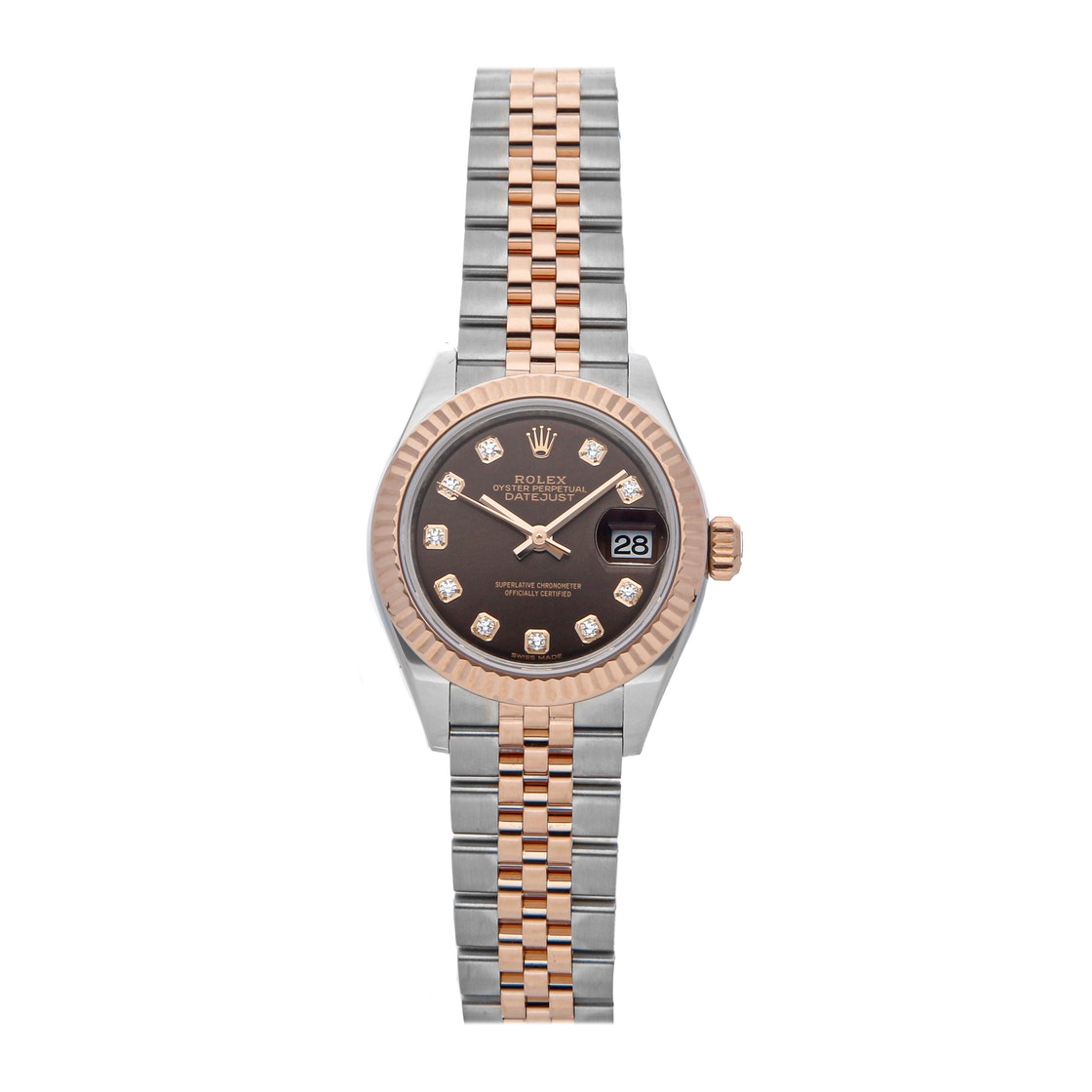 Pre-owned Rolex Brown Diamonds 18k Rose Gold And Stainless Steel Datejust 279171 Women's Wristwatch 28 Mm