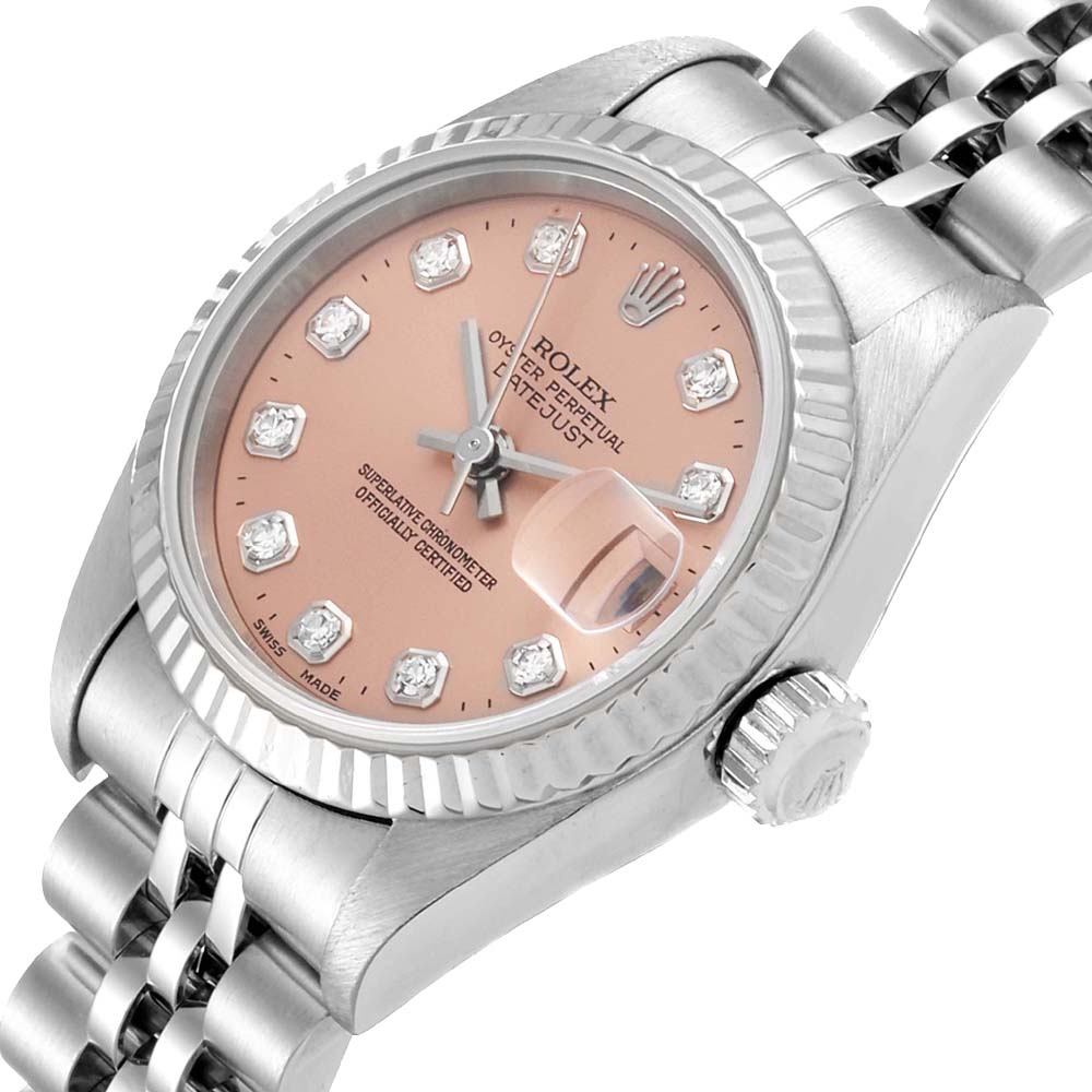 

Rolex Salmon Diamonds 18K White Gold And Stainless Steel Datejust 79174 Women's Wristwatch 26 MM, Pink