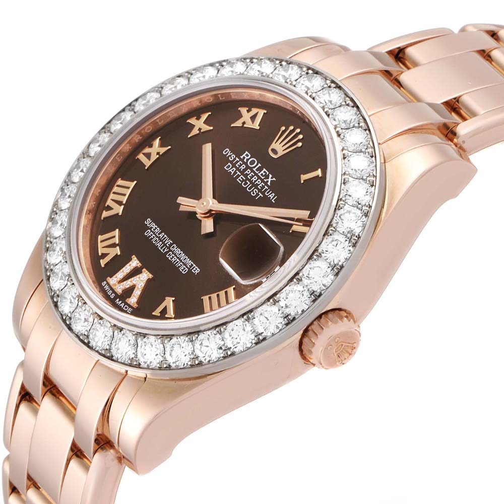 

Rolex Brown Diamonds 18k Rose Gold Pearlmaster 81285 Women's Wristwatch 34 MM